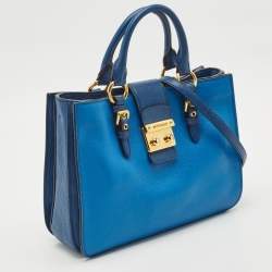 Miu Miu Two Tone Blue Madras Leather Pushlock Tote