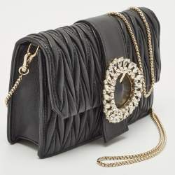 Miu Miu Black Matelassé Leather Crystals Buckle Chain Clutch