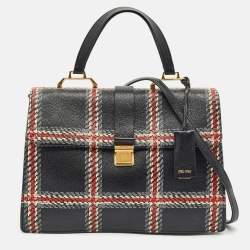 Miu Miu Black/Multicolor Print Leather Madras Top Handle Bag