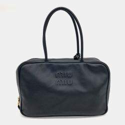 Miu Miu Black Leather Embossed Logo Bowling Bag