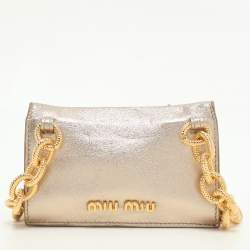 Miu Miu Gold Leather Crystal Embellishment Chain Card Holder