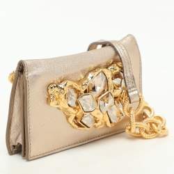 Miu Miu Gold Leather Crystal Embellishment Chain Card Holder