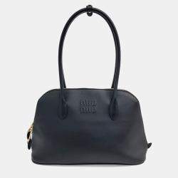 Miu Miu Black Leather Logo Embossed Top Handle Tote Bag Small