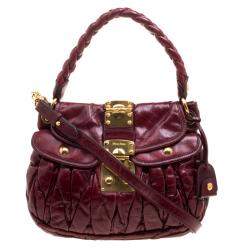 Pre Owned Miu Miu Burgundy Matelasse Lux Leather Small Coffer Hobo