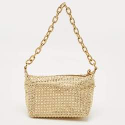 Pre Owned Miu Miu Gold Leather and Satin Crystals Embellished Chain Bag