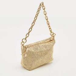 Pre Owned Miu Miu Gold Leather and Satin Crystals Embellished Chain Bag