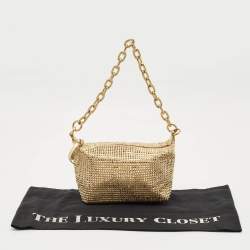 Pre Owned Miu Miu Gold Leather and Satin Crystals Embellished Chain Bag