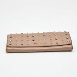 Pre Owned Miu Miu Mauve Leather Studded Flap Wallet