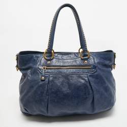 Pre Owned Miu Miu Navy Blue Leather Crystal Heart Charm Satchel