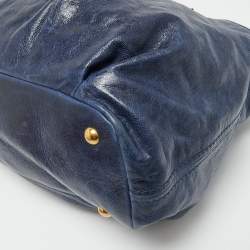 Pre Owned Miu Miu Navy Blue Leather Crystal Heart Charm Satchel