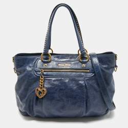 Pre Owned Miu Miu Navy Blue Leather Crystal Heart Charm Satchel