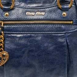 Pre Owned Miu Miu Navy Blue Leather Crystal Heart Charm Satchel