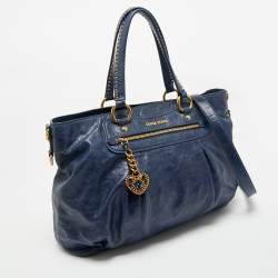 Pre Owned Miu Miu Navy Blue Leather Crystal Heart Charm Satchel