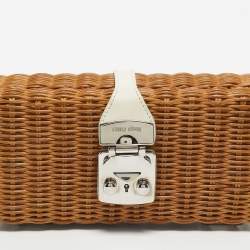 Pre Owned Miu Miu Brown/White Woven Rattan and Leather Clutch