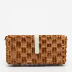 Pre Owned Miu Miu Brown/White Woven Rattan and Leather Clutch