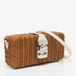 Pre Owned Miu Miu Brown/White Woven Rattan and Leather Clutch