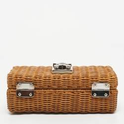 Pre Owned Miu Miu Brown/White Woven Rattan and Leather Clutch
