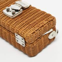 Pre Owned Miu Miu Brown/White Woven Rattan and Leather Clutch