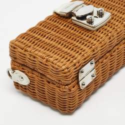 Pre Owned Miu Miu Brown/White Woven Rattan and Leather Clutch