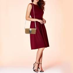 Pre Owned Miu Miu Brown/White Woven Rattan and Leather Clutch