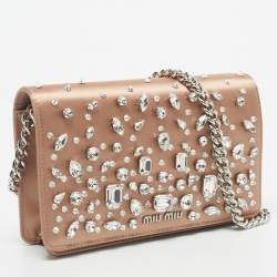 Pre Owned Miu Miu Beige Satin Crystals Embellished Chain Shoulder Bag