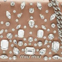 Pre Owned Miu Miu Beige Satin Crystals Embellished Chain Shoulder Bag