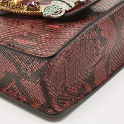 Pre Owned Miu Miu Red/Black Snakeskin Crystals Embellished Flap Tote