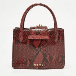 Pre Owned Miu Miu Red/Black Snakeskin Crystals Embellished Flap Tote