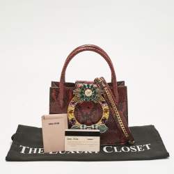 Pre Owned Miu Miu Red/Black Snakeskin Crystals Embellished Flap Tote