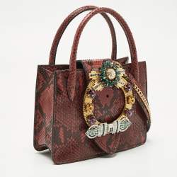 Pre Owned Miu Miu Red/Black Snakeskin Crystals Embellished Flap Tote