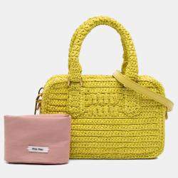 Pre Owned Miu Miu Yellow Raffia Crochet Arcadie Top Handle Bag
