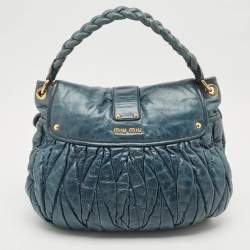 Pre Owned Miu Miu Navy Blue Matelasse Lux Leather Small Coffer Hobo