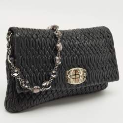 Pre Owned Miu Miu Black Matelassé Leather Crystals Chain Shoulder Bag