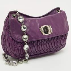 Pre Owned Miu Miu Purple Matelasse Leather Crystal Chain Flap Shoulder Bag