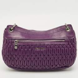Pre Owned Miu Miu Purple Matelasse Leather Crystal Chain Flap Shoulder Bag