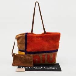 Pre Owned Miu Miu Multicolor Shearling Fur and Suede Logo Colorblock Tote