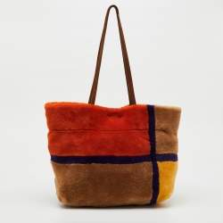 Pre Owned Miu Miu Multicolor Shearling Fur and Suede Logo Colorblock Tote