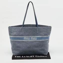 Pre Owned Miu Miu Blue Denim and Leather Logo Shopper Tote