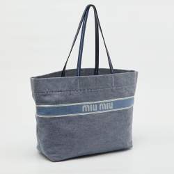 Pre Owned Miu Miu Blue Denim and Leather Logo Shopper Tote