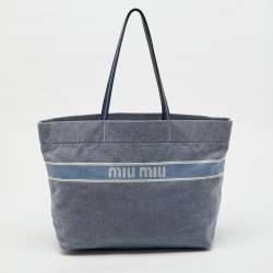 Pre Owned Miu Miu Blue Denim and Leather Logo Shopper Tote
