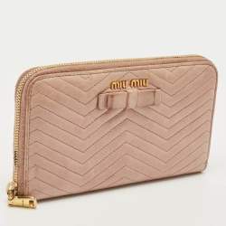 Pre Owned Miu Miu Beige Quilted Leather Zip Continental Wallet