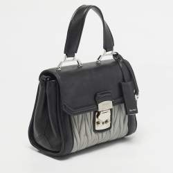 Pre Owned Miu Miu Black/Grey Matelassé Leather Pushlock Flap Top Handle Bag