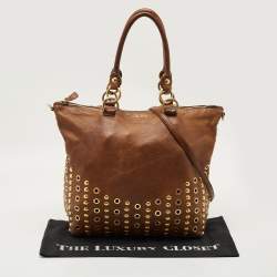 Pre Owned Miu Miu Brown Leather Grommet and Studded Tote
