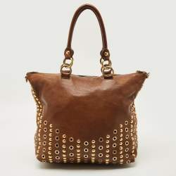 Pre Owned Miu Miu Brown Leather Grommet and Studded Tote