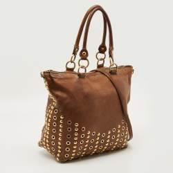 Pre Owned Miu Miu Brown Leather Grommet and Studded Tote