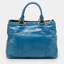 Pre Owned Miu Miu Blue Vitello Shine Leather Double Zip Tote