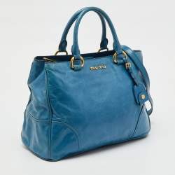 Pre Owned Miu Miu Blue Vitello Shine Leather Double Zip Tote
