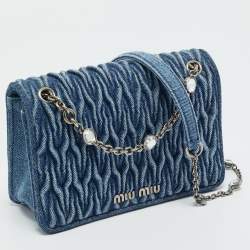 Pre Owned Miu Miu Blue Matelassé Denim Crystals Chain Bag