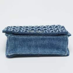 Pre Owned Miu Miu Blue Matelassé Denim Crystals Chain Bag