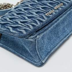 Pre Owned Miu Miu Blue Matelassé Denim Crystals Chain Bag